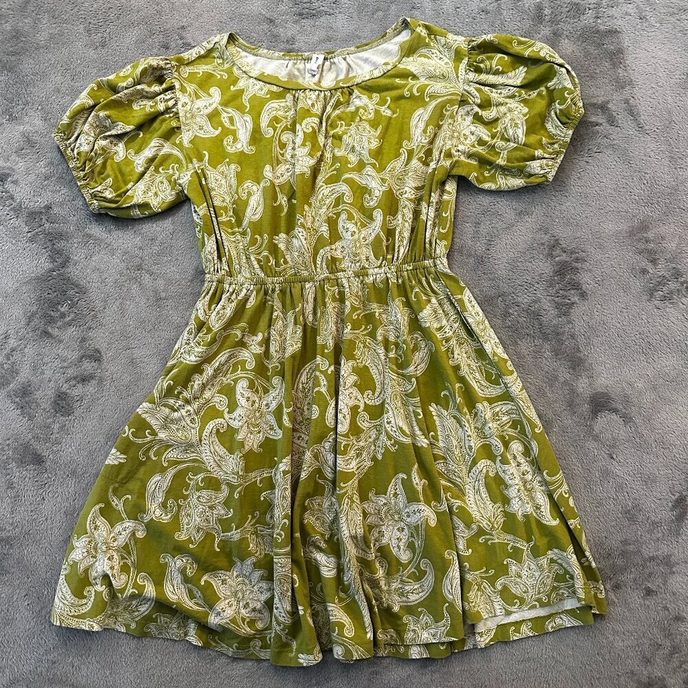 Daily Practice Green Paisley Dress SMALL Puffed Short Sleeves Pockets Cotton